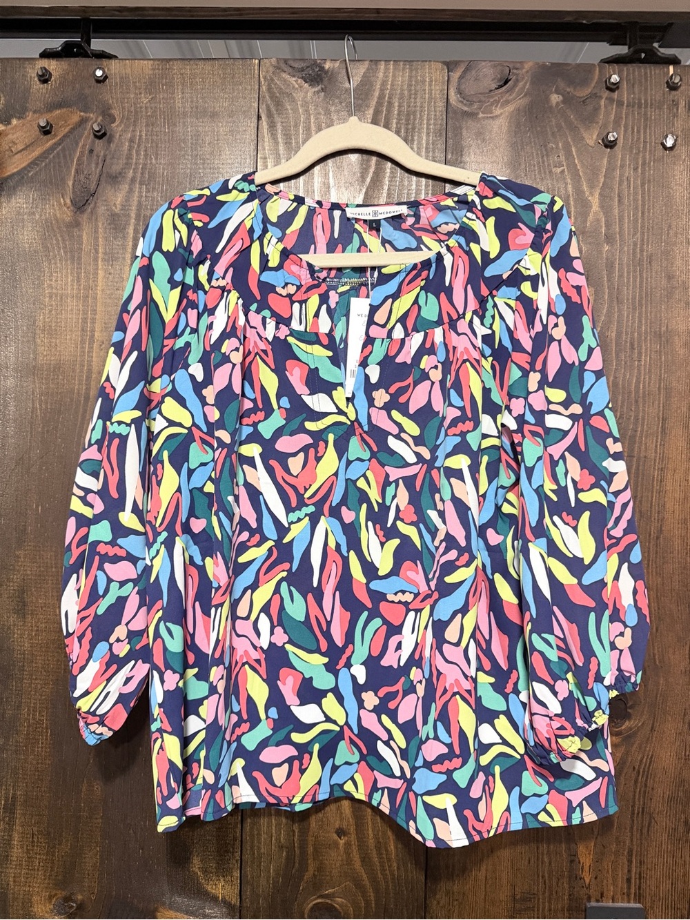 Vibrant Navy Multicolor Abstract Peasant Blouse